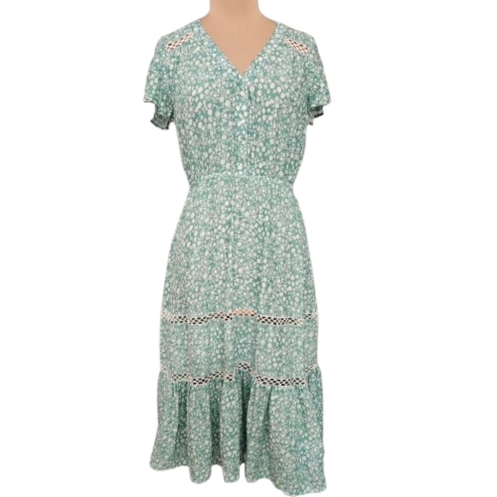 Harlow & Rose Green Floral‎ Boho Maxi Dress Lace Inset Short Sleeve  Prairie